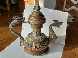 Vintage Tibetan Copper With Brass Ceremonial Double Dragon Ornate Teapot