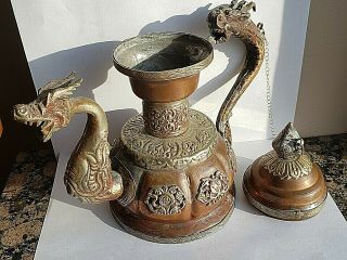 Vintage Tibetan Copper With Brass Ceremonial Double Dragon Ornate Teapot 2