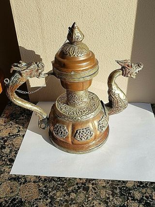 Vintage Tibetan Copper With Brass Ceremonial Double Dragon Ornate Teapot 3