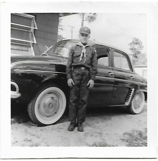 1950s Boy Scout Snapshot Photo In Uniform Car Whitewall Tires Vintage Picture