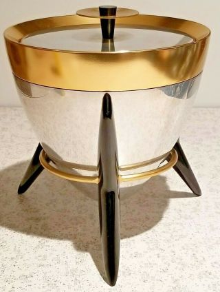 Vntg Mid Century Modern Mirro Bullet Ice Bucket On Tripod Stand Retro Atomic