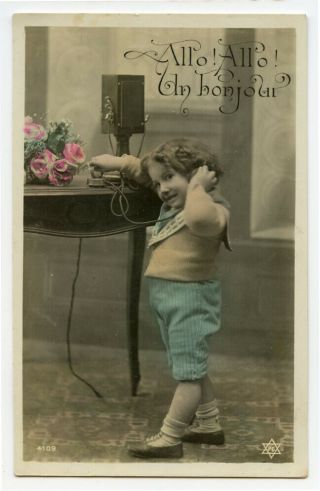 C 1910 Vintage Child On Telephone Antique Photo Postcard