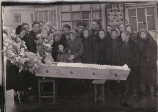 1950s Post Mortem Dead Young Man Coffin Funeral Mourning People Russian Photo