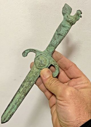 Circa 200 - 300 Ad Ancient Roman Bronze Military D@gger With Face & Cock 257mm