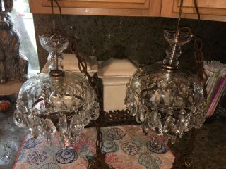 Vintage Mid Century Hanging Set Of 2 Small Chandeliers With Prisms