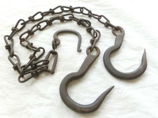 28 " Antique Iron Wrought Chains 2 Hand - Forged Hooks Rustic Hanging Farm Tool