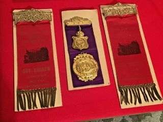 Antique 1897 U.  O.  P.  F.  “united Order Of Pilgrim Fathers” Double Medal,  2 Ribbons