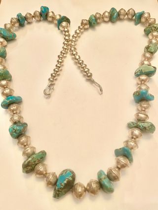 Vintage Navajo Turquoise Nugget Sterling Silver Bench Bead Necklace 32”l 135.  1 G