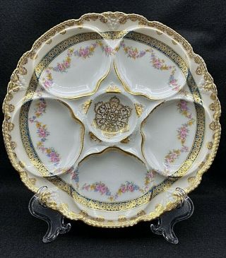 Vintage Theodore Haviland Limoges France Oyster Plate 5 Wells Flowers,  Gold Star