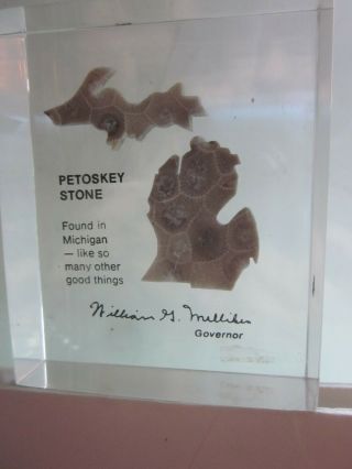 Rare Governor William Milliken Map Of Michigan Petoskey Stone Display Signature