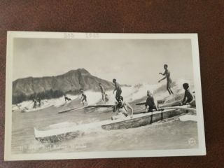 1943 Vintage Real Photo Postcard Surfing Waikiki Hawaii