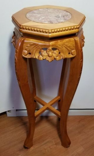 Vintage Solid Wood Marble Inset 30 " Plant Stand Handcarved 2 - Tone Wood Exc Cond