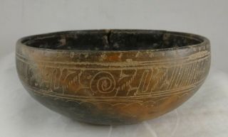 Pre - Columbian Pottery Bowl W/incised Glyphs,  Mayan? C.  300 - 900 A.  C.  E.  7 3/8” D