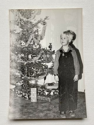 Boy Christmas Tree Toys Presents Overalls Snapshot Photo 1950 