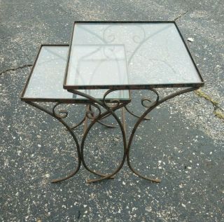 2 Vtg Salterini Wrought Iron Nesting Tables Patio Distressed Indoor Outdoor