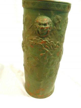 Vintage 1930 ' s Peters & Reed Matte Green Chinese Dragon Pattern Vase 9 1/2 