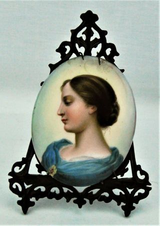 Antique Miniature Lady Portrait On Porcelain 3 ¼” X 2 ¾”,  Easel (bi Mk/201110)