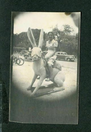 Vintage Souvenir Photo Op Pretty Girl On Big Bunny Or Giant Jack Rabbit 410112
