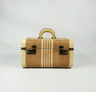 Vintage Tan Striped Tweed Train Case Suitcase Antique Luggage 1940 