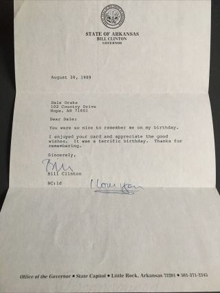 President Bill Clinton Auto/signed Letter As Governor Of Arkansas W/ Script