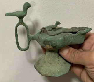 Scarce Ancient Roman Bronze Oil Lamp With Birds Circa 200 - 300ad 141mm