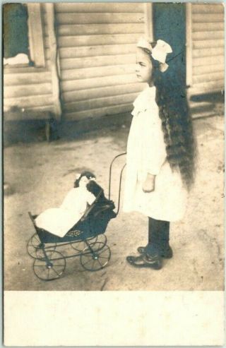 Vintage 1910s Rppc Real Photo Postcard Girl With Doll In Stroller / House Yard