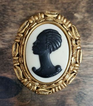 Vintage Coreen Simpson Black Cameo Brooch African American Gold Tone Pin