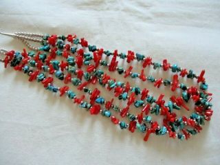 Vintage Southwest Sterling Silver Bead Coral Turquoise Stone 3 Strand Necklace