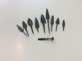 Group Of 9 Old Antique Bronze Age Luristan Arrows With Sword Shaped Object