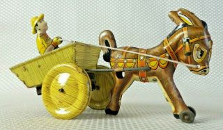 Vintage 1940’s Marx Tin Litho Wind - Up Mule/donkey & Farmer Cart Toy