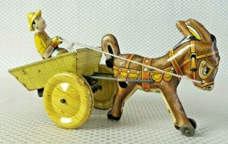 Vintage 1940’s Marx Tin Litho Wind - Up Mule/Donkey & Farmer Cart Toy 2