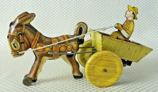 Vintage 1940’s Marx Tin Litho Wind - Up Mule/Donkey & Farmer Cart Toy 3