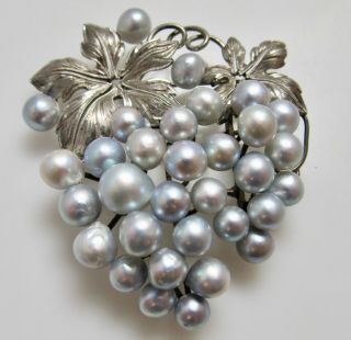 Vintage Blue Gray Large Pearl Grape Cluster Pin Brooch Sterling Silver