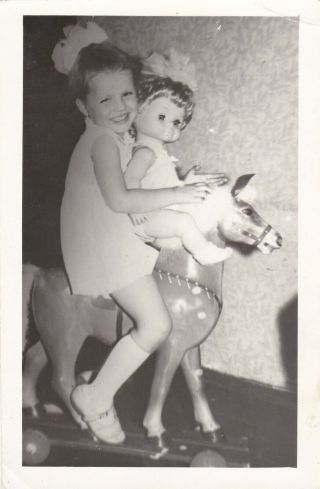1970s Cute Little Girl On Rocking Horse W/ Doll Toy Old Soviet Russian Photo
