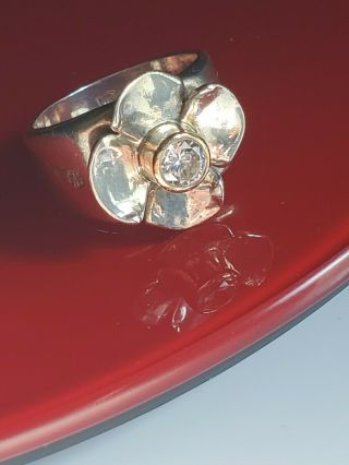 Vintage Estate Quality Sterling Silver And 14k Gold Designer Made Flower Ring