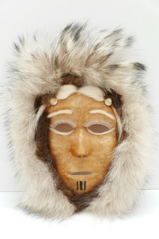 Vintage Nw Coast Alaskan Nunamiut Caribou Skin Mask Wolf Trim By Jennie Ahkivgak