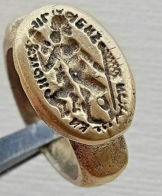 Rare Unusual Ancient Roman Bronze Seal Ring Depicting Ca 1500 Ad