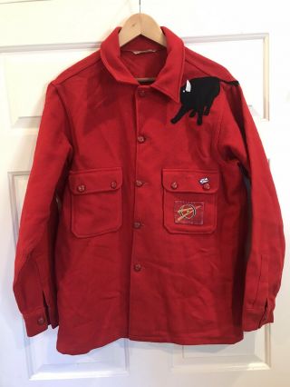 1950’s Boy Scouts Jacket Red Wool Blend Black Bull Patch Vintage Mens Sz 44