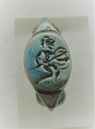 Ancient Greek Ar Silver Seal Ring With Depiction Of Gladiator On Bezel
