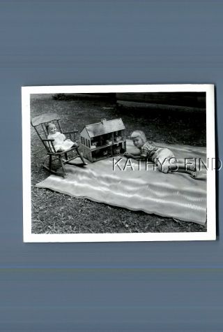 Found B&w Photo M,  3158 Girl Laying On Blanket By Dollshouse And Doll In Chair
