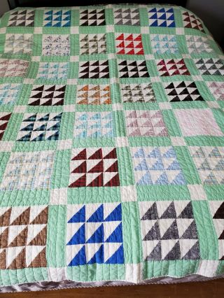 Vintage Handmade Hand Stitched Cotton Quilt Half Square Triangle 72 " X 87 "