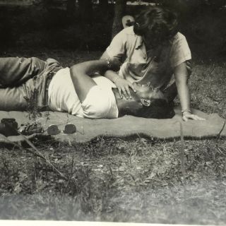 Vintage Black And White Photo Snapshot Lovers Couple Picnic Blanket Outdoors