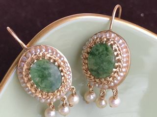 Vintage 14k Gold & Jade Dangle Earrings W Seed Pearls 30mm 6.  3 Grams Pc Nr