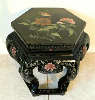 Antique/vtg Chinese Black Lacquer Wood Hand Painted Hexagon Pedestal Plant Stand