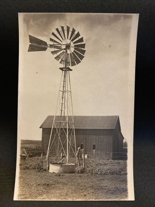 Vintage Rppc Photo Postcard Windmill On Farm Evansville Wisconsin On Tail