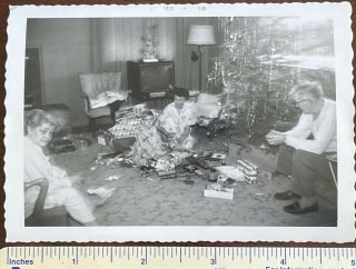 Christmas Morning Mayhem Cute Boy Christmas Tree & Tv Set Vintage Snapshot Photo