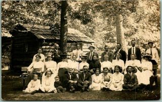 Vintage 1911 Rppc Photo Postcard Large Family Group At Log Cabin/ Kokomo Cancel
