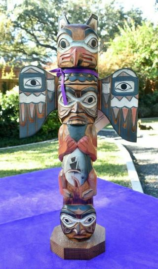 14 " Vintage Patrick Seale Alaska Black Diamond Eagle Boy Totem Pole Wood Carving