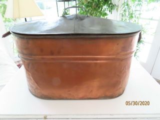 Vintage Antique Primitive Copper Boiler Wash Tub Pot W/ Lid Rivet Iron Handles
