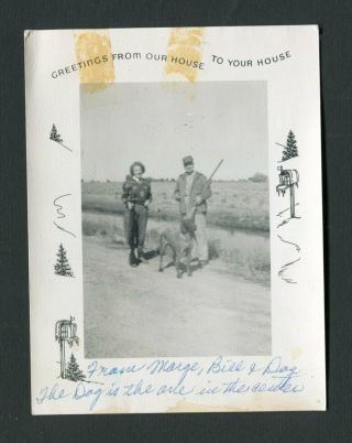 Man W/ Hunting Gun & Pet Dog Woman Vintage Photo Christmas Card 452084